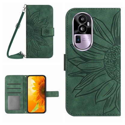 HT04 PU Leather Phone Case for Oppo Reno10 Pro+ 5G Sunflower Imprint Wallet Stand Cover with Shoulder Strap