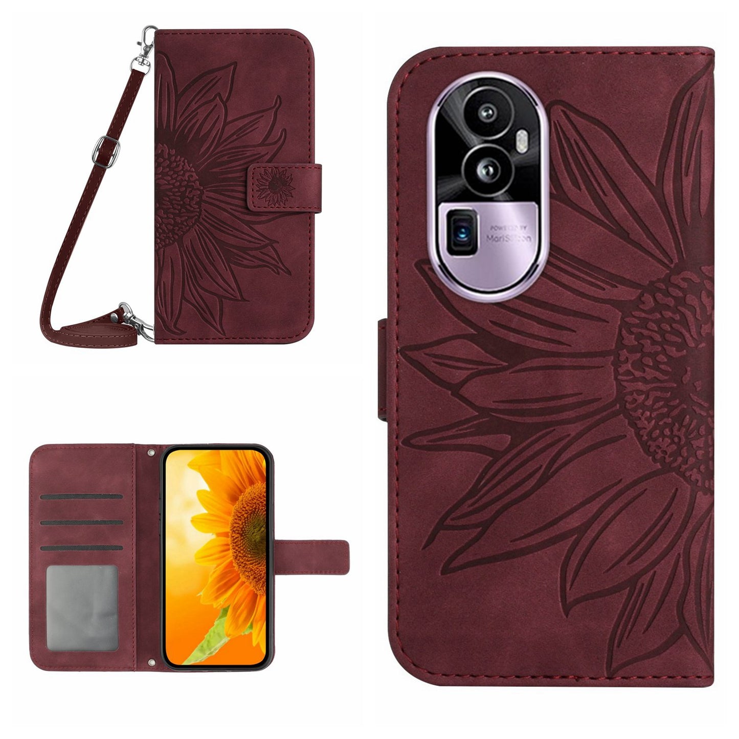 HT04 PU Leather Phone Case for Oppo Reno10 Pro+ 5G Sunflower Imprint Wallet Stand Cover with Shoulder Strap