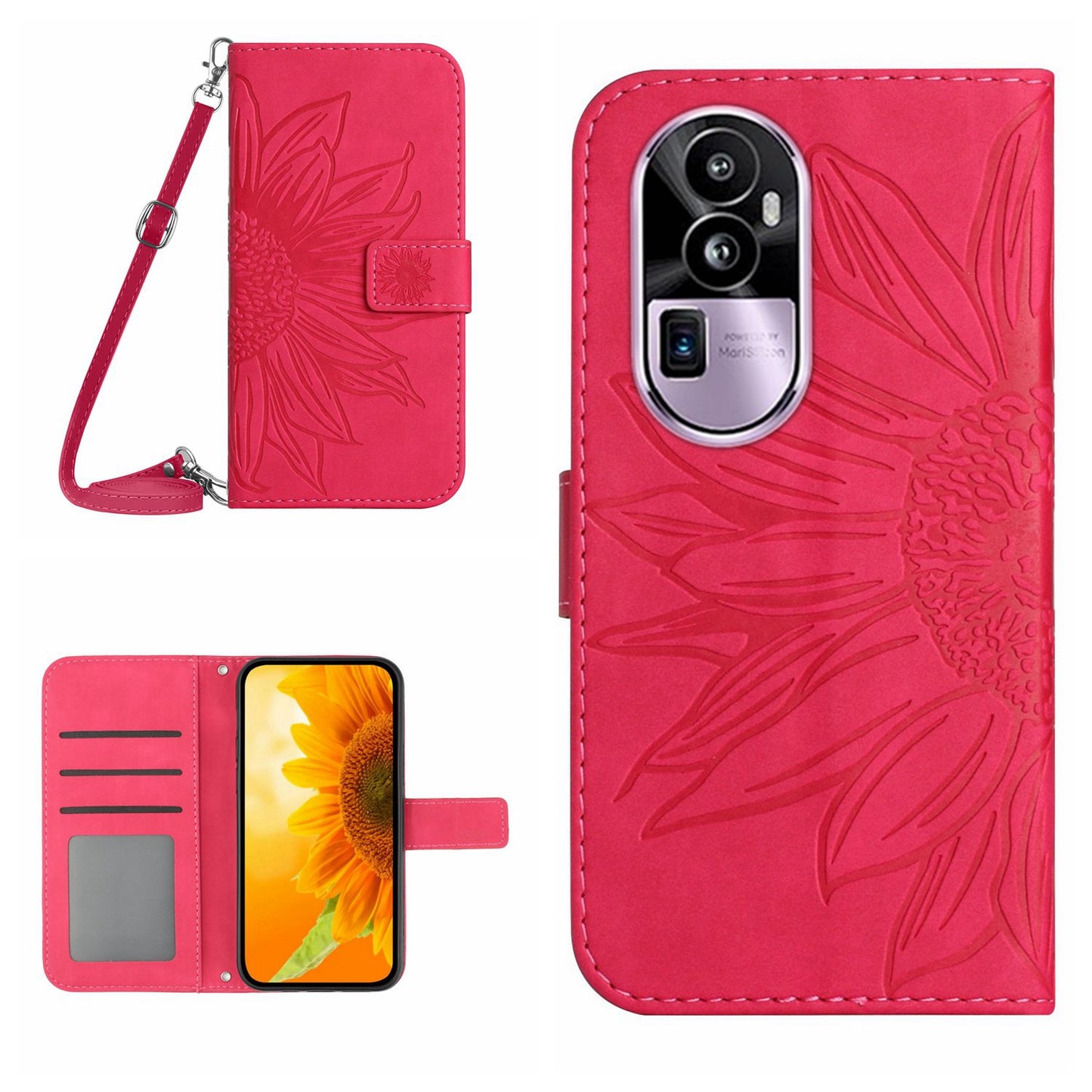 HT04 PU Leather Phone Case for Oppo Reno10 Pro+ 5G Sunflower Imprint Wallet Stand Cover with Shoulder Strap
