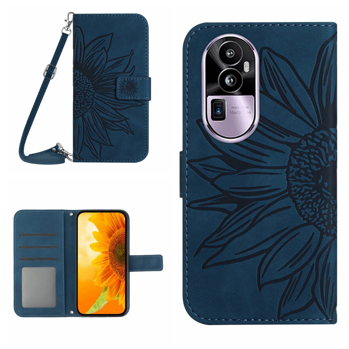 HT04 PU Leather Phone Case for Oppo Reno10 Pro+ 5G Sunflower Imprint Wallet Stand Cover with Shoulder Strap