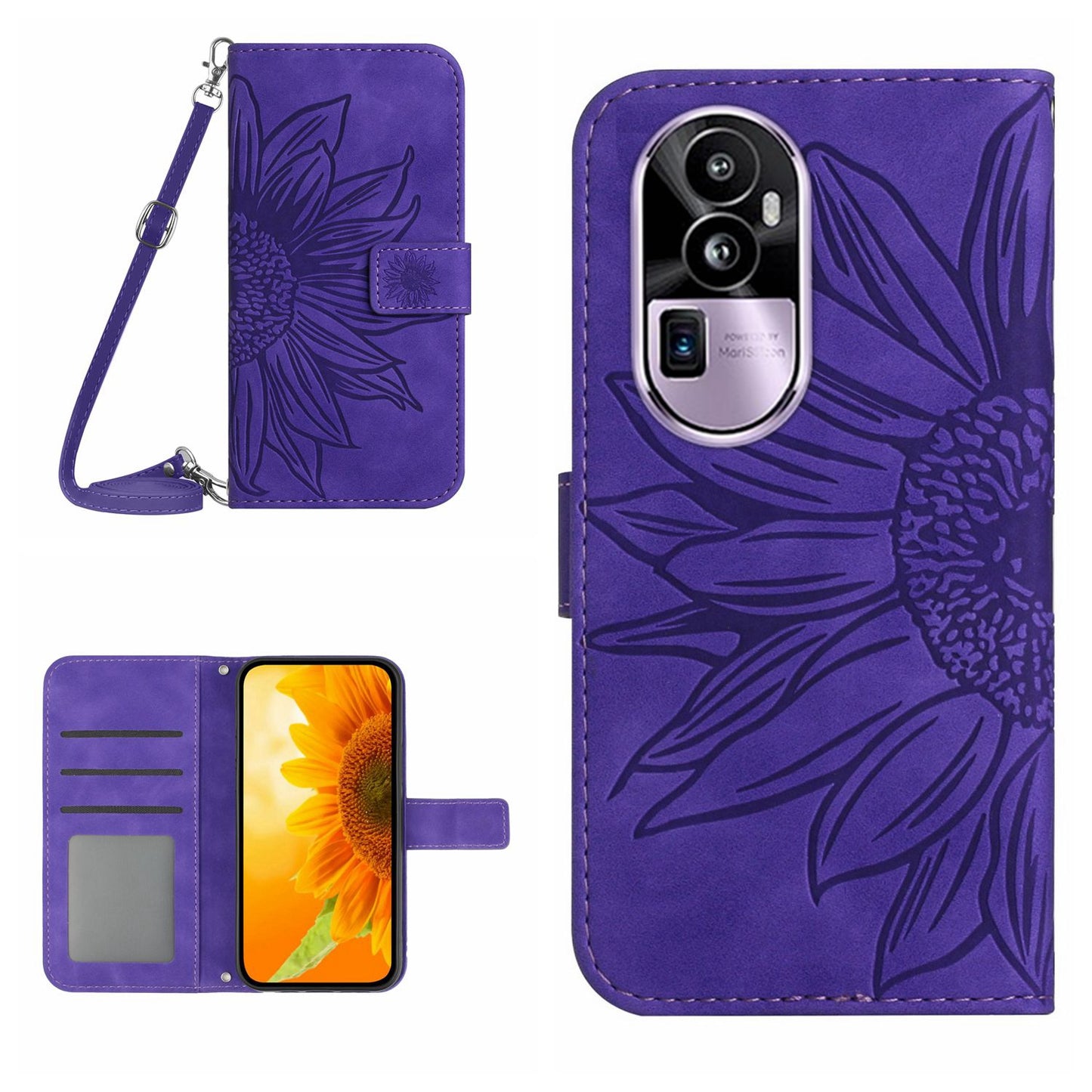 HT04 PU Leather Phone Case for Oppo Reno10 Pro+ 5G Sunflower Imprint Wallet Stand Cover with Shoulder Strap