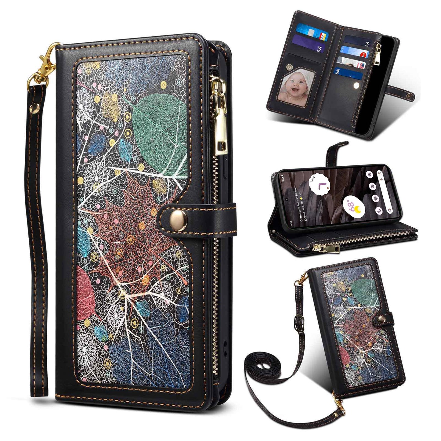 ESEBLE Galaxy Series for Google Pixel 7a PU Leather Phone Case Zipper Pocket RFID Blocking Wallet Stand Cover