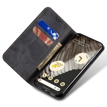 For Google Pixel 7a PU Leather Case Stand Wallet Anti-scratch Jeans Cloth Texture Phone Cover