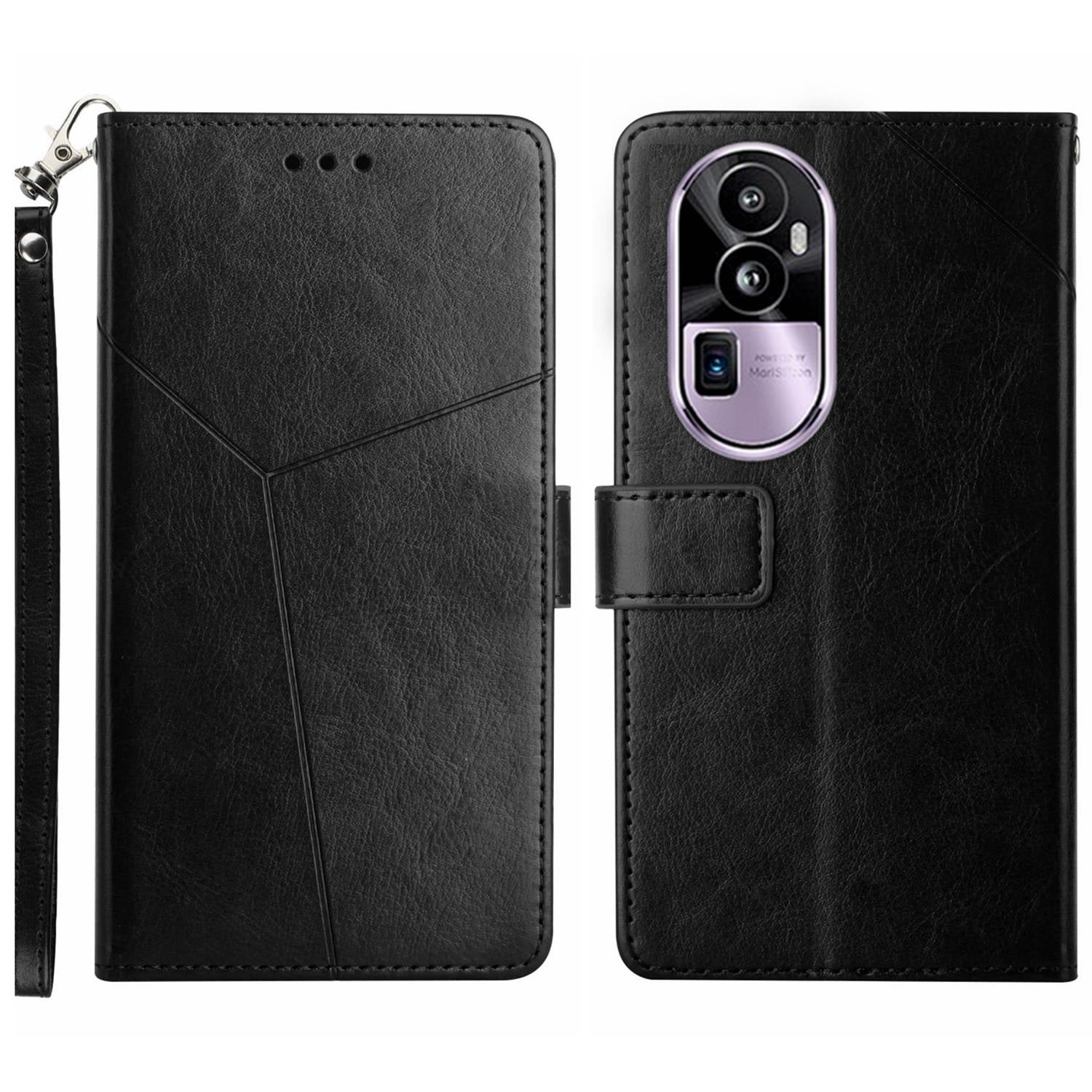 HT01 For Oppo Reno10 Pro+ 5G Y-shaped Line Imprinting Phone Stand Cover PU Leather Case Wallet