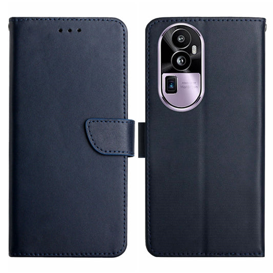 HT02 Genuine Cow Leather Phone Case for Oppo Reno10 Pro+ 5G , Nappa Texture Wallet Stand Cover