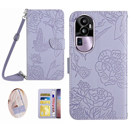 HT03 Skin-touch Feeling Phone Case for Oppo Reno10 Pro+ 5G Wallet Leather Butterfly Flowers Imprinted Stand Cover