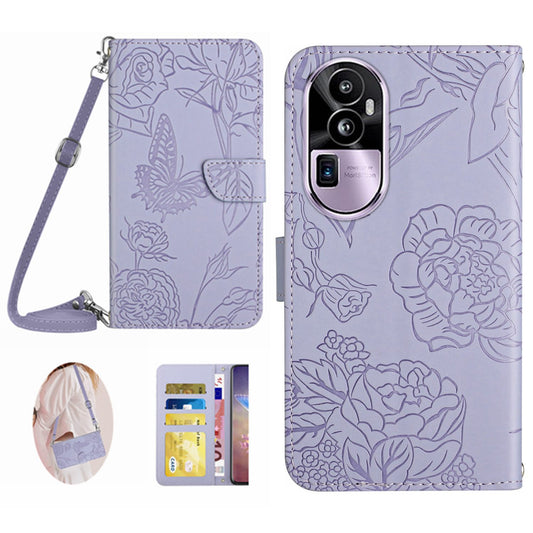 HT03 Skin-touch Feeling Phone Case for Oppo Reno10 Pro+ 5G Wallet Leather Butterfly Flowers Imprinted Stand Cover