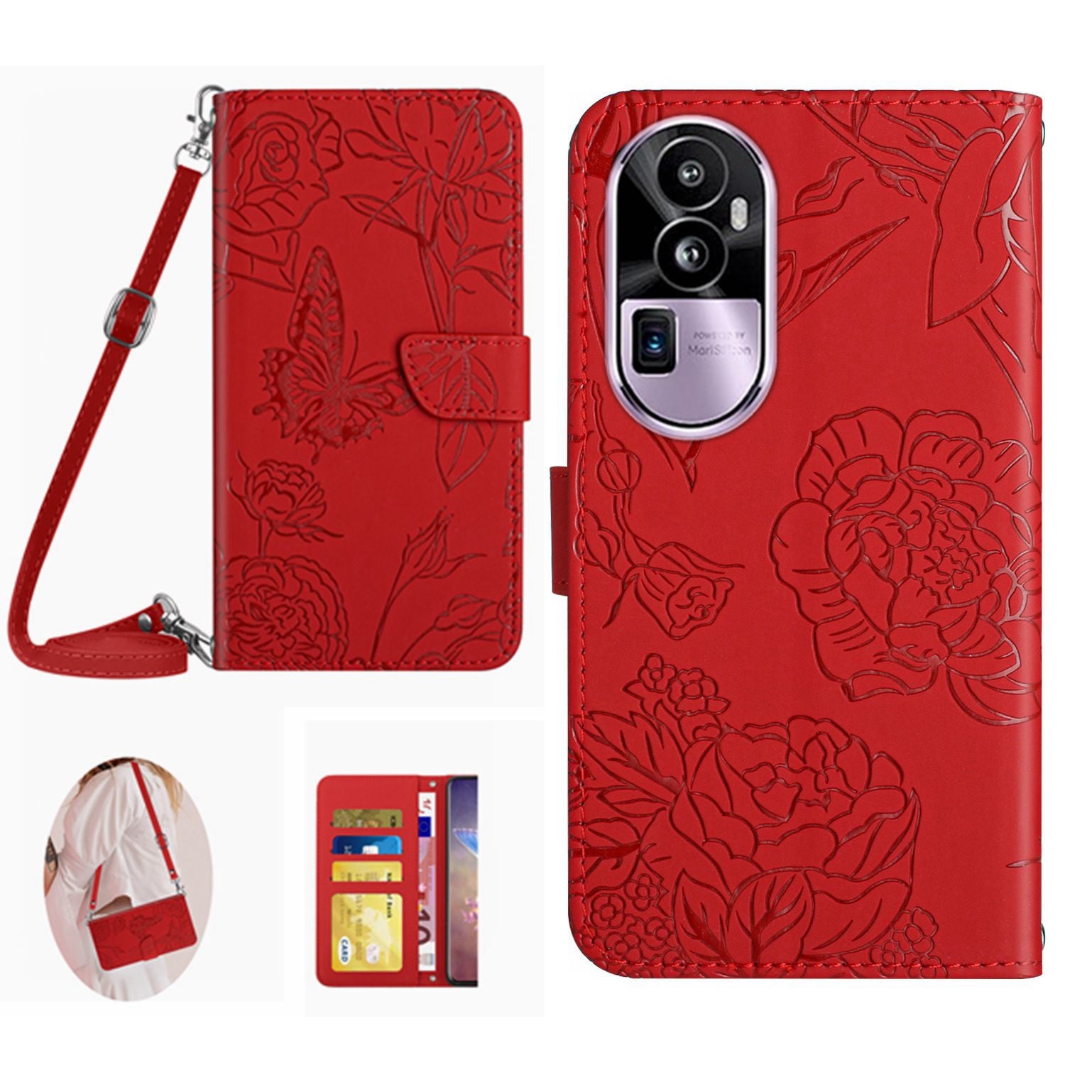 HT03 Skin-touch Feeling Phone Case for Oppo Reno10 Pro+ 5G Wallet Leather Butterfly Flowers Imprinted Stand Cover