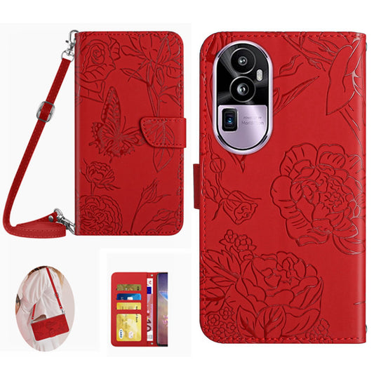 HT03 Skin-touch Feeling Phone Case for Oppo Reno10 Pro+ 5G Wallet Leather Butterfly Flowers Imprinted Stand Cover