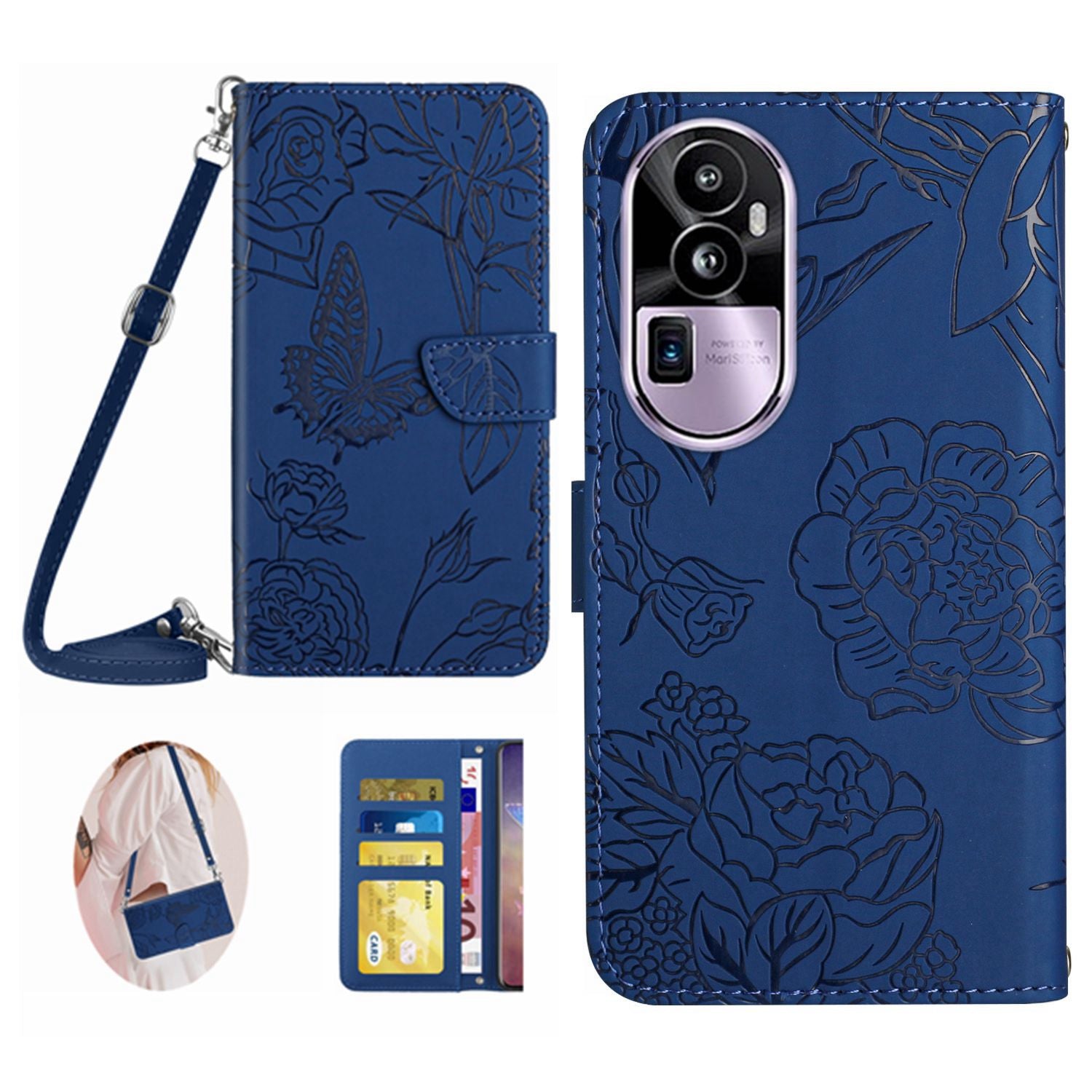 HT03 Skin-touch Feeling Phone Case for Oppo Reno10 Pro+ 5G Wallet Leather Butterfly Flowers Imprinted Stand Cover