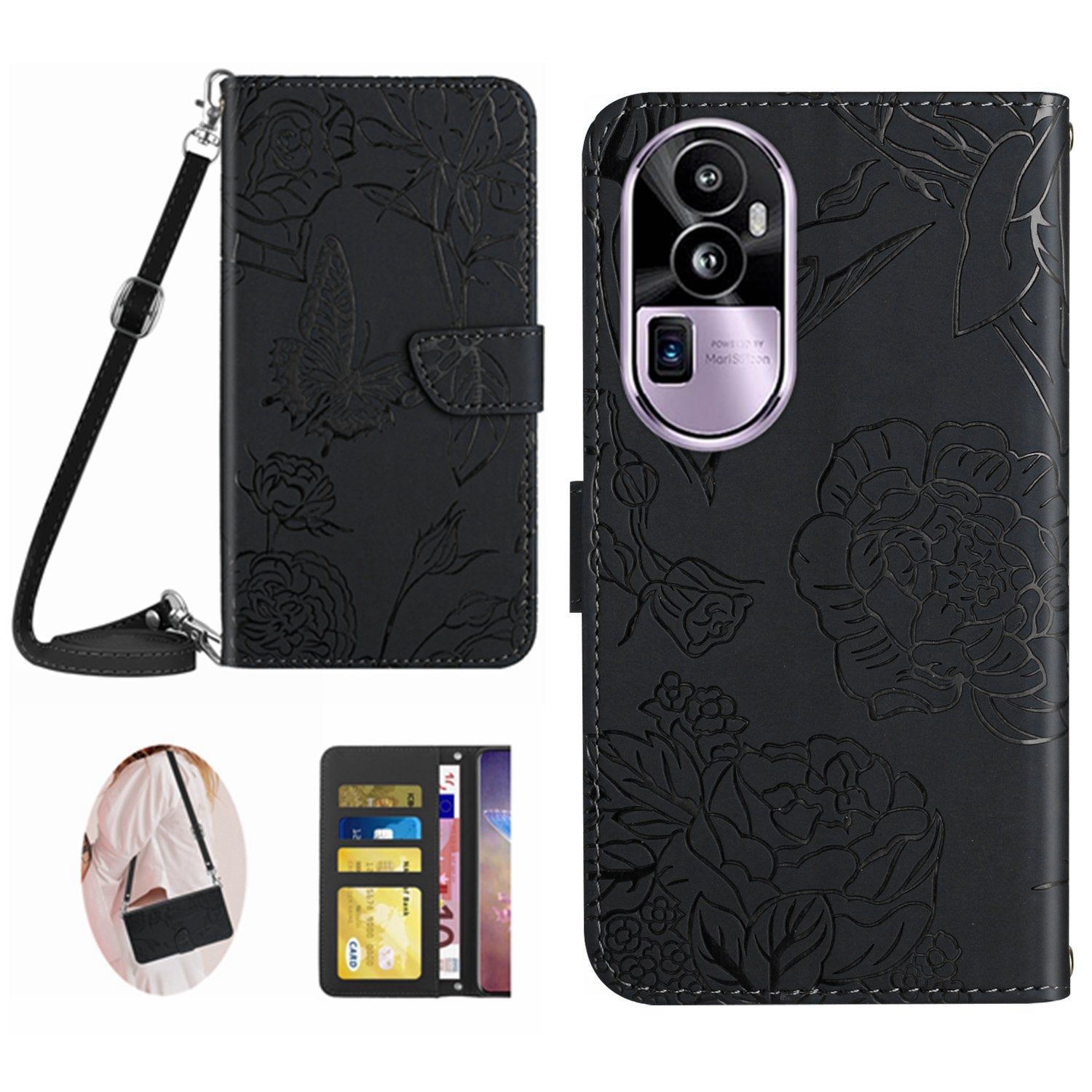 HT03 Skin-touch Feeling Phone Case for Oppo Reno10 Pro+ 5G Wallet Leather Butterfly Flowers Imprinted Stand Cover