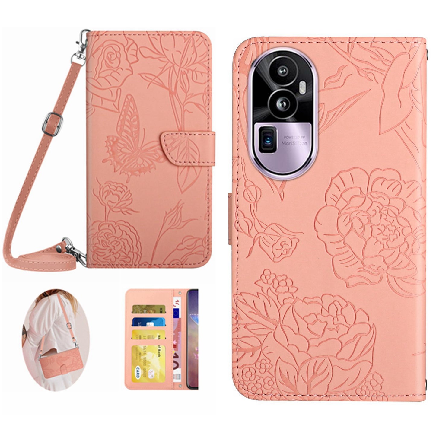 HT03 Skin-touch Feeling Phone Case for Oppo Reno10 Pro+ 5G Wallet Leather Butterfly Flowers Imprinted Stand Cover