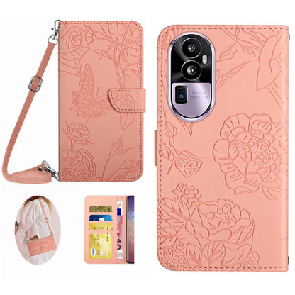 HT03 Skin-touch Feeling Phone Case for Oppo Reno10 Pro+ 5G Wallet Leather Butterfly Flowers Imprinted Stand Cover