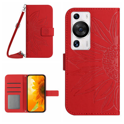 HT04 For Huawei P60 / P60 Pro Sunflower Imprinting Phone Case Leather Stand Wallet Cover with Shoulder Strap