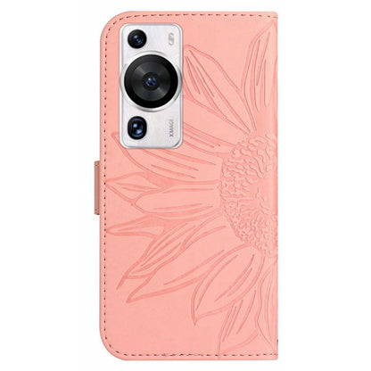 HT04 For Huawei P60 / P60 Pro Sunflower Imprinting Phone Case Leather Stand Wallet Cover with Shoulder Strap