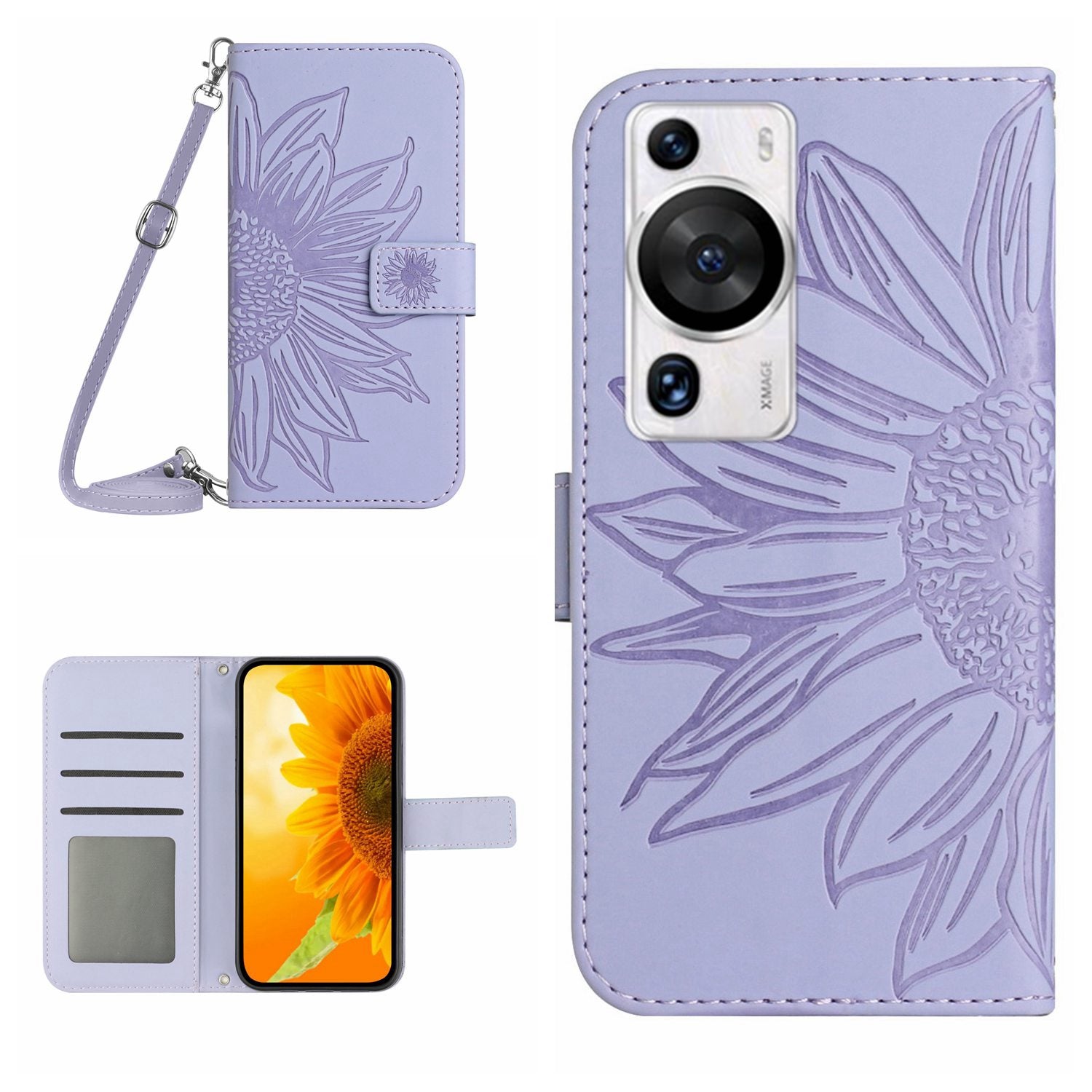 HT04 For Huawei P60 / P60 Pro Sunflower Imprinting Phone Case Leather Stand Wallet Cover with Shoulder Strap