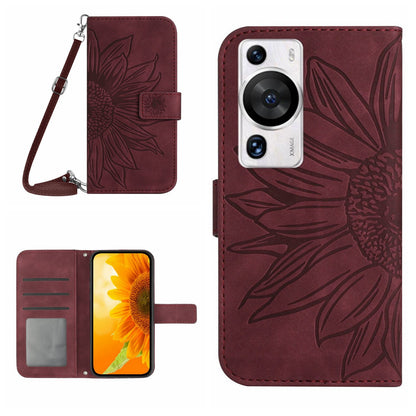 HT04 For Huawei P60 / P60 Pro Sunflower Imprinting Phone Case Leather Stand Wallet Cover with Shoulder Strap