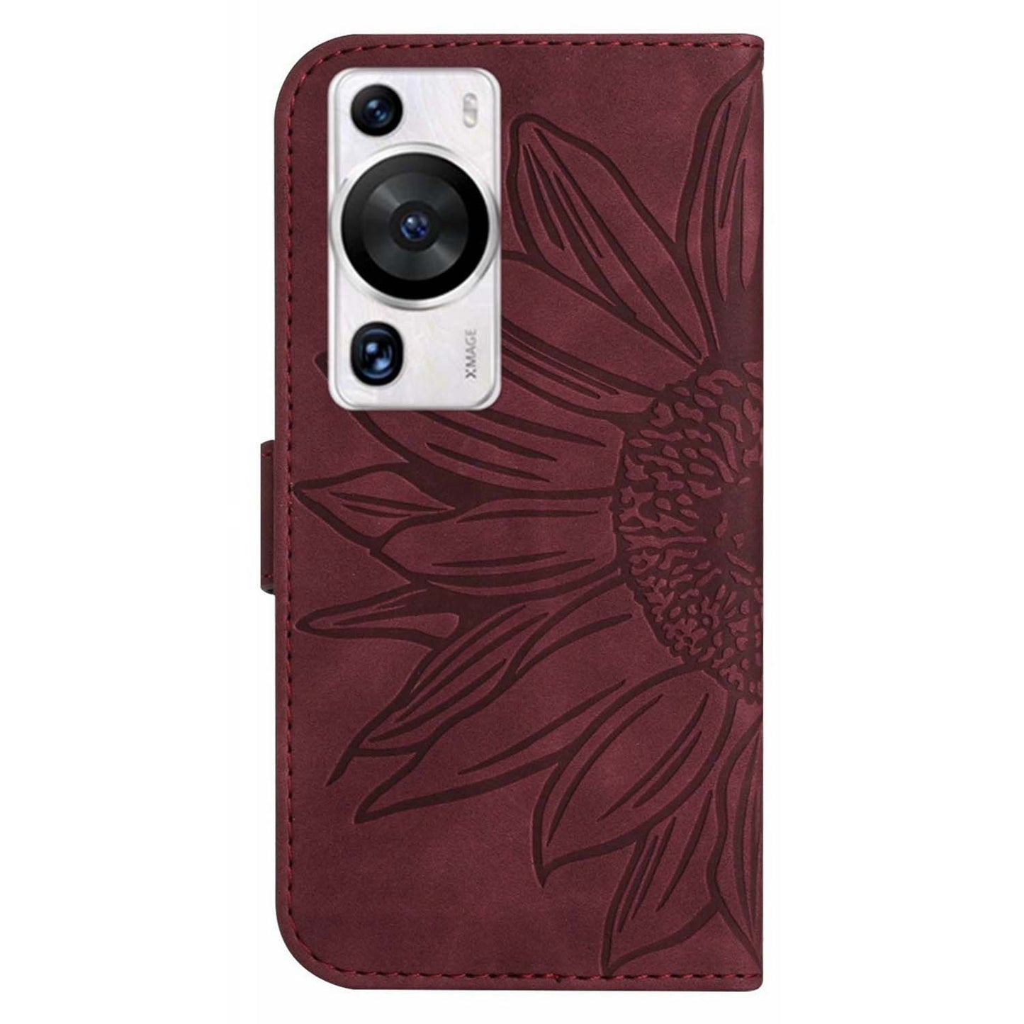 HT04 For Huawei P60 / P60 Pro Sunflower Imprinting Phone Case Leather Stand Wallet Cover with Shoulder Strap