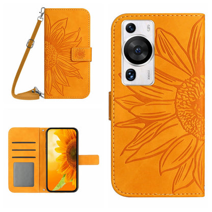 HT04 For Huawei P60 / P60 Pro Sunflower Imprinting Phone Case Leather Stand Wallet Cover with Shoulder Strap