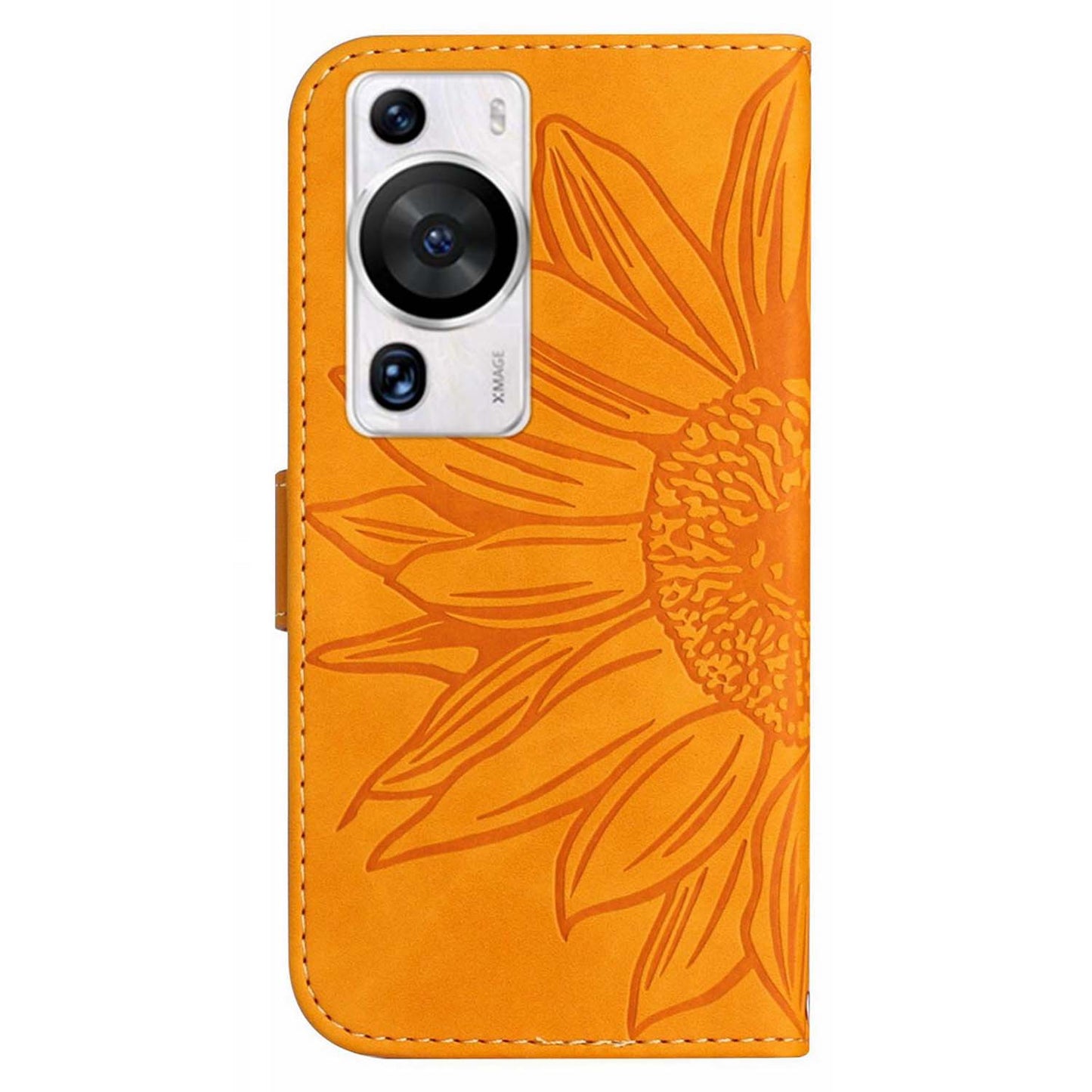 HT04 For Huawei P60 / P60 Pro Sunflower Imprinting Phone Case Leather Stand Wallet Cover with Shoulder Strap