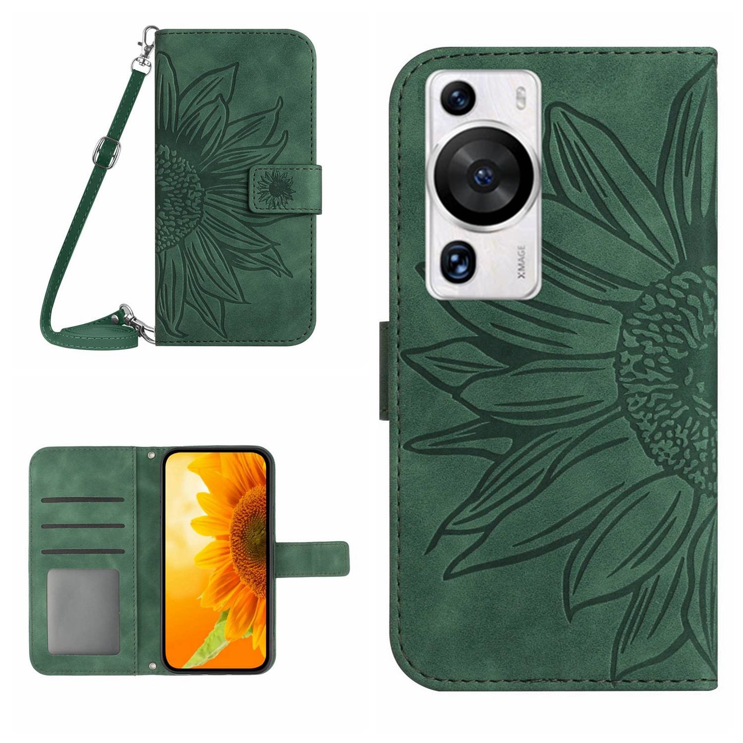 HT04 For Huawei P60 / P60 Pro Sunflower Imprinting Phone Case Leather Stand Wallet Cover with Shoulder Strap