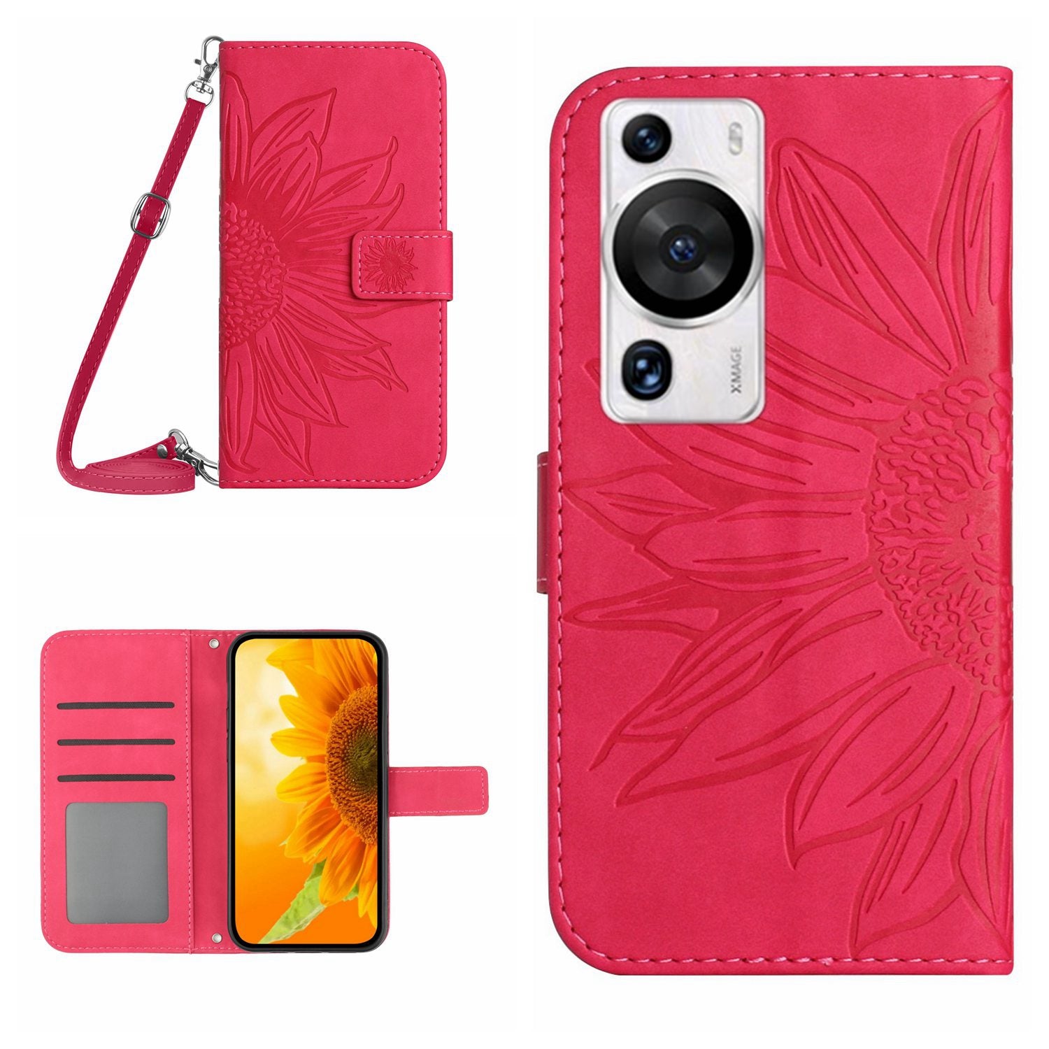 HT04 For Huawei P60 / P60 Pro Sunflower Imprinting Phone Case Leather Stand Wallet Cover with Shoulder Strap