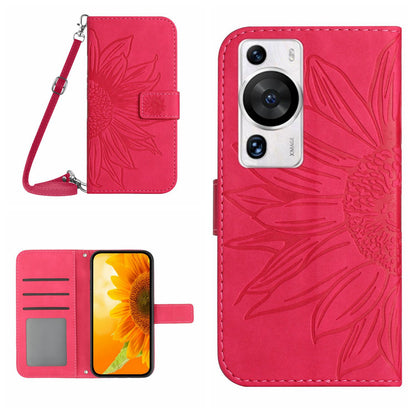 HT04 For Huawei P60 / P60 Pro Sunflower Imprinting Phone Case Leather Stand Wallet Cover with Shoulder Strap