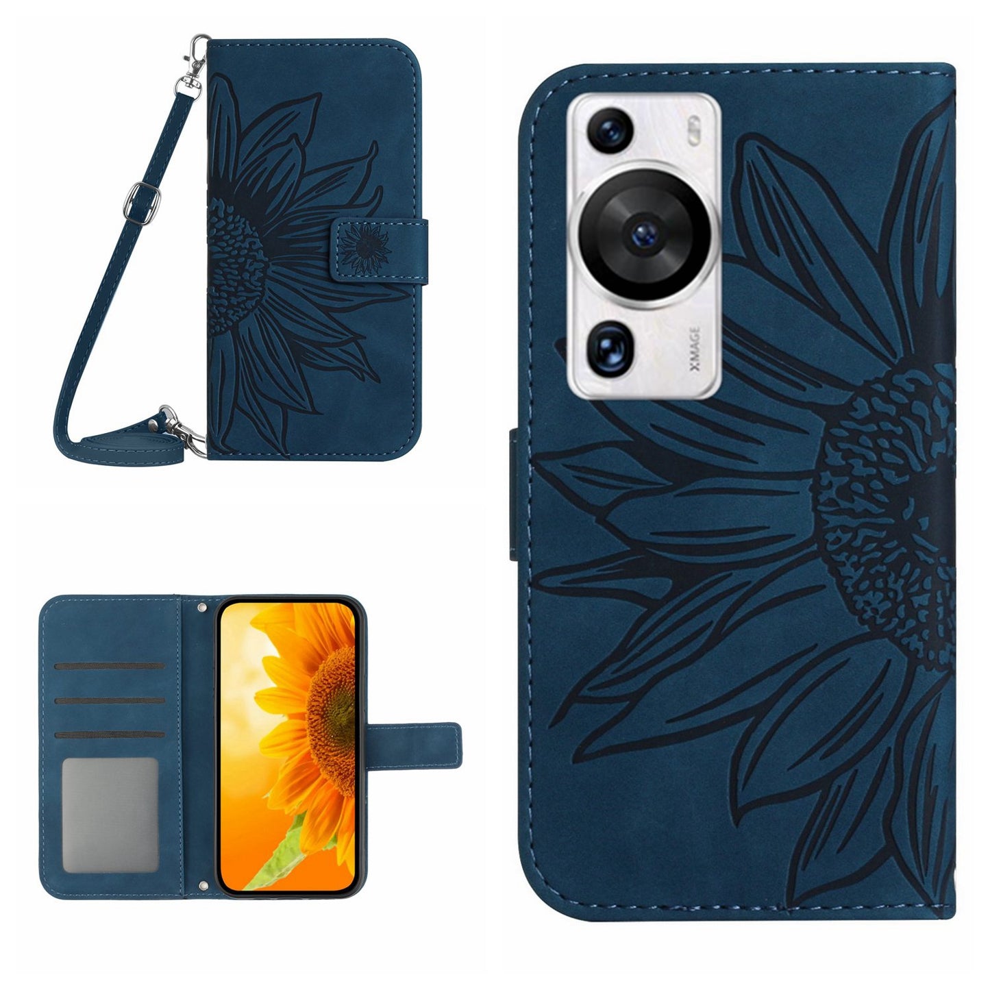 HT04 For Huawei P60 / P60 Pro Sunflower Imprinting Phone Case Leather Stand Wallet Cover with Shoulder Strap