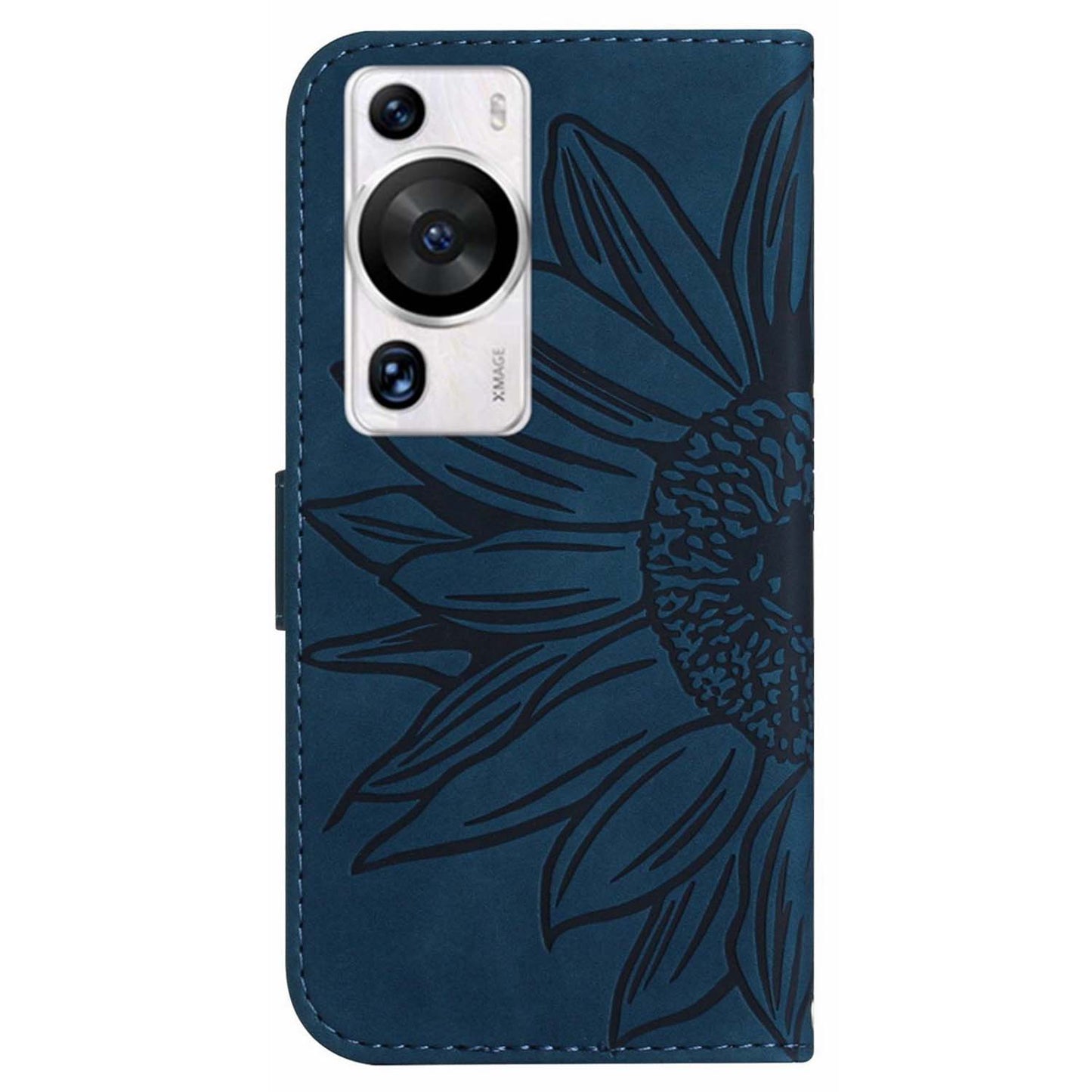 HT04 For Huawei P60 / P60 Pro Sunflower Imprinting Phone Case Leather Stand Wallet Cover with Shoulder Strap
