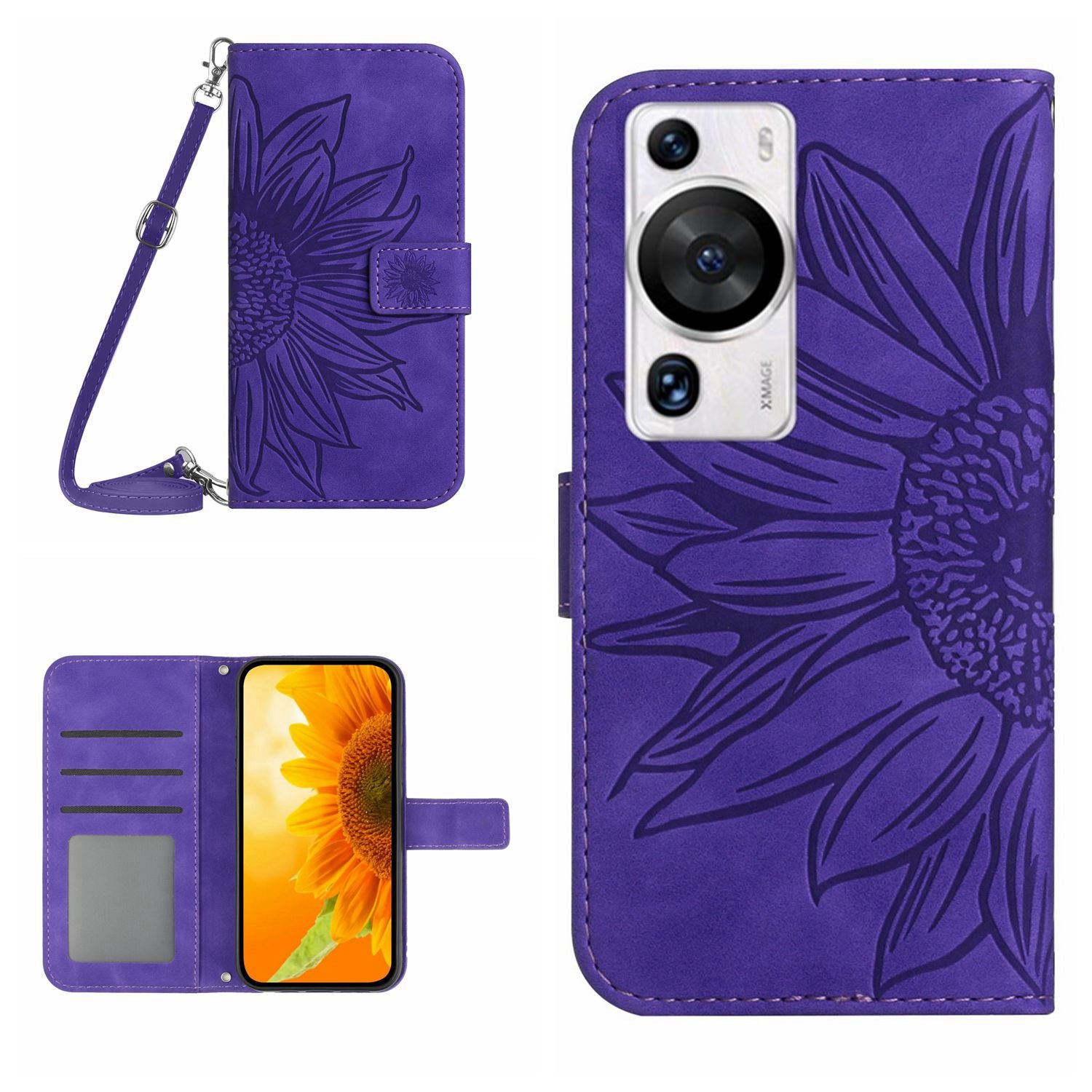 HT04 For Huawei P60 / P60 Pro Sunflower Imprinting Phone Case Leather Stand Wallet Cover with Shoulder Strap