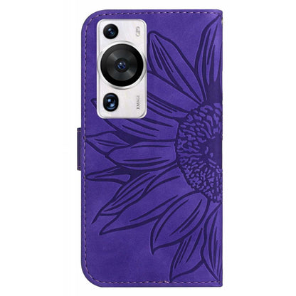 HT04 For Huawei P60 / P60 Pro Sunflower Imprinting Phone Case Leather Stand Wallet Cover with Shoulder Strap