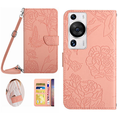HT03 Phone Case for Huawei P60 / P60 Pro Wallet PU Leather Stand Butterfly Flowers Imprinted Cover with Shoulder Strap
