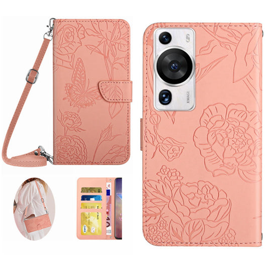 HT03 Phone Case for Huawei P60 / P60 Pro Wallet PU Leather Stand Butterfly Flowers Imprinted Cover with Shoulder Strap