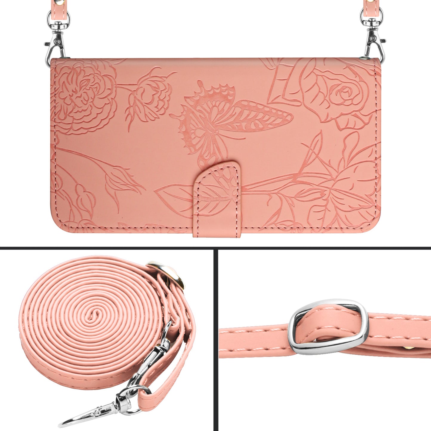 HT03 Phone Case for Huawei P60 / P60 Pro Wallet PU Leather Stand Butterfly Flowers Imprinted Cover with Shoulder Strap