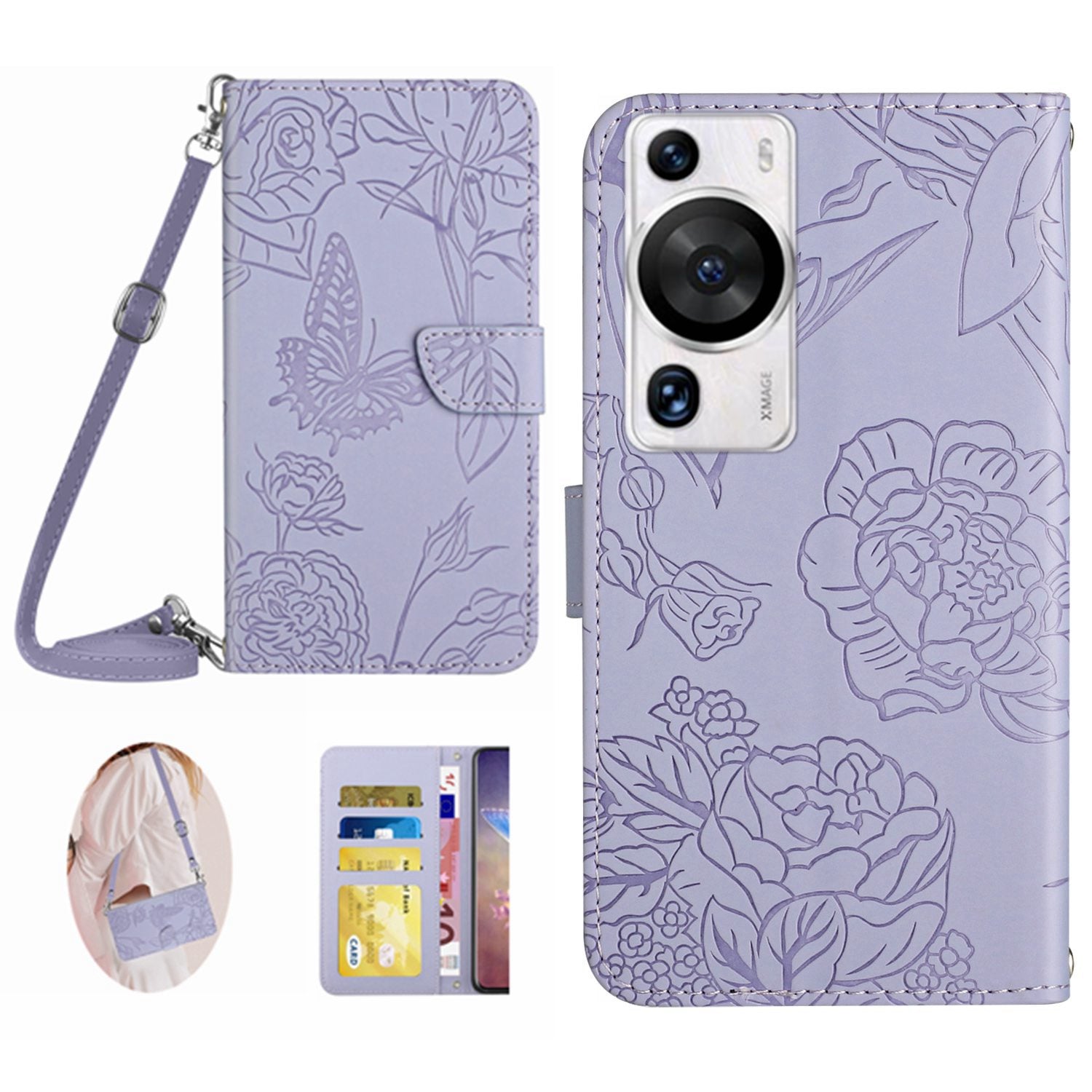 HT03 Phone Case for Huawei P60 / P60 Pro Wallet PU Leather Stand Butterfly Flowers Imprinted Cover with Shoulder Strap