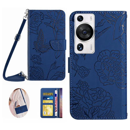 HT03 Phone Case for Huawei P60 / P60 Pro Wallet PU Leather Stand Butterfly Flowers Imprinted Cover with Shoulder Strap