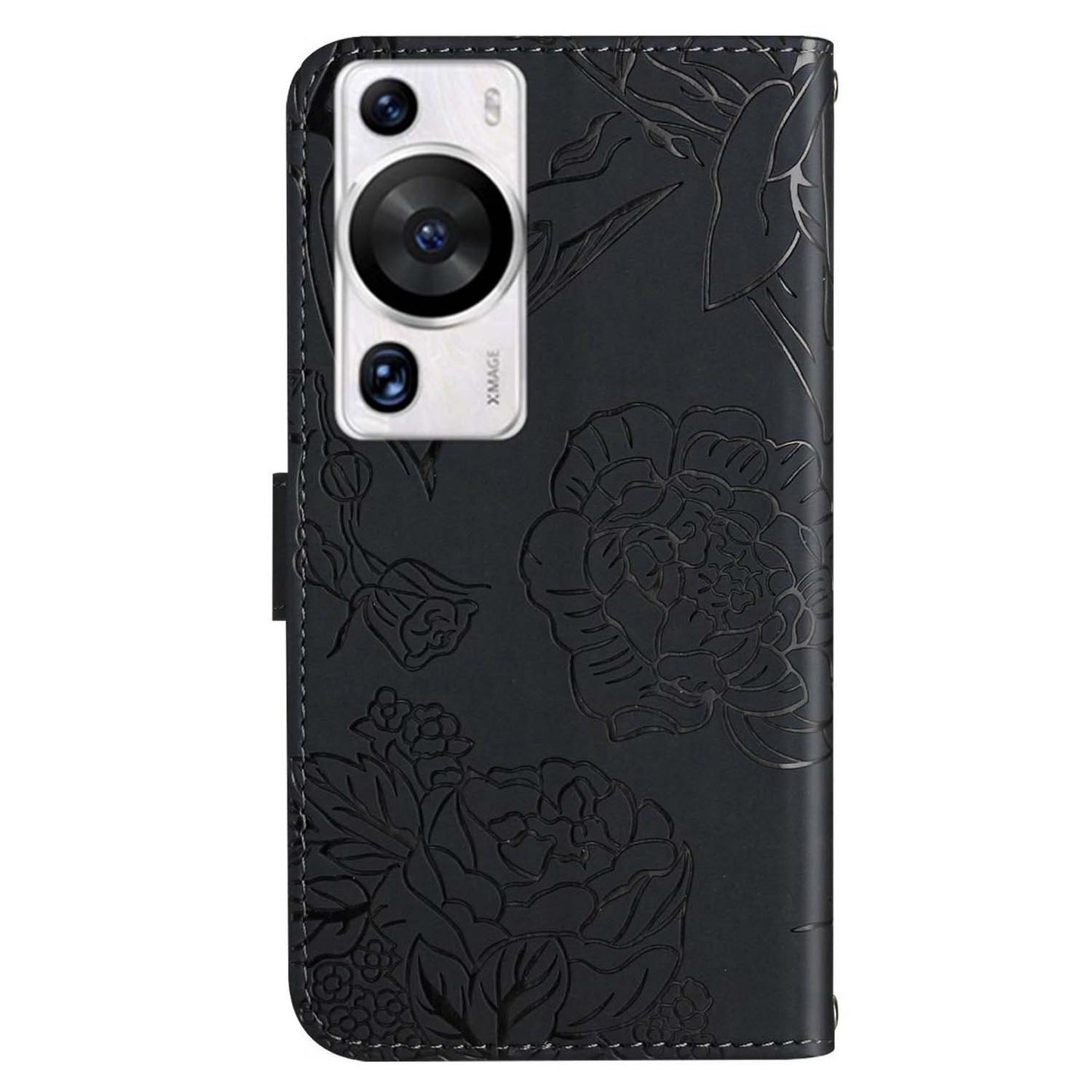 HT03 Phone Case for Huawei P60 / P60 Pro Wallet PU Leather Stand Butterfly Flowers Imprinted Cover with Shoulder Strap