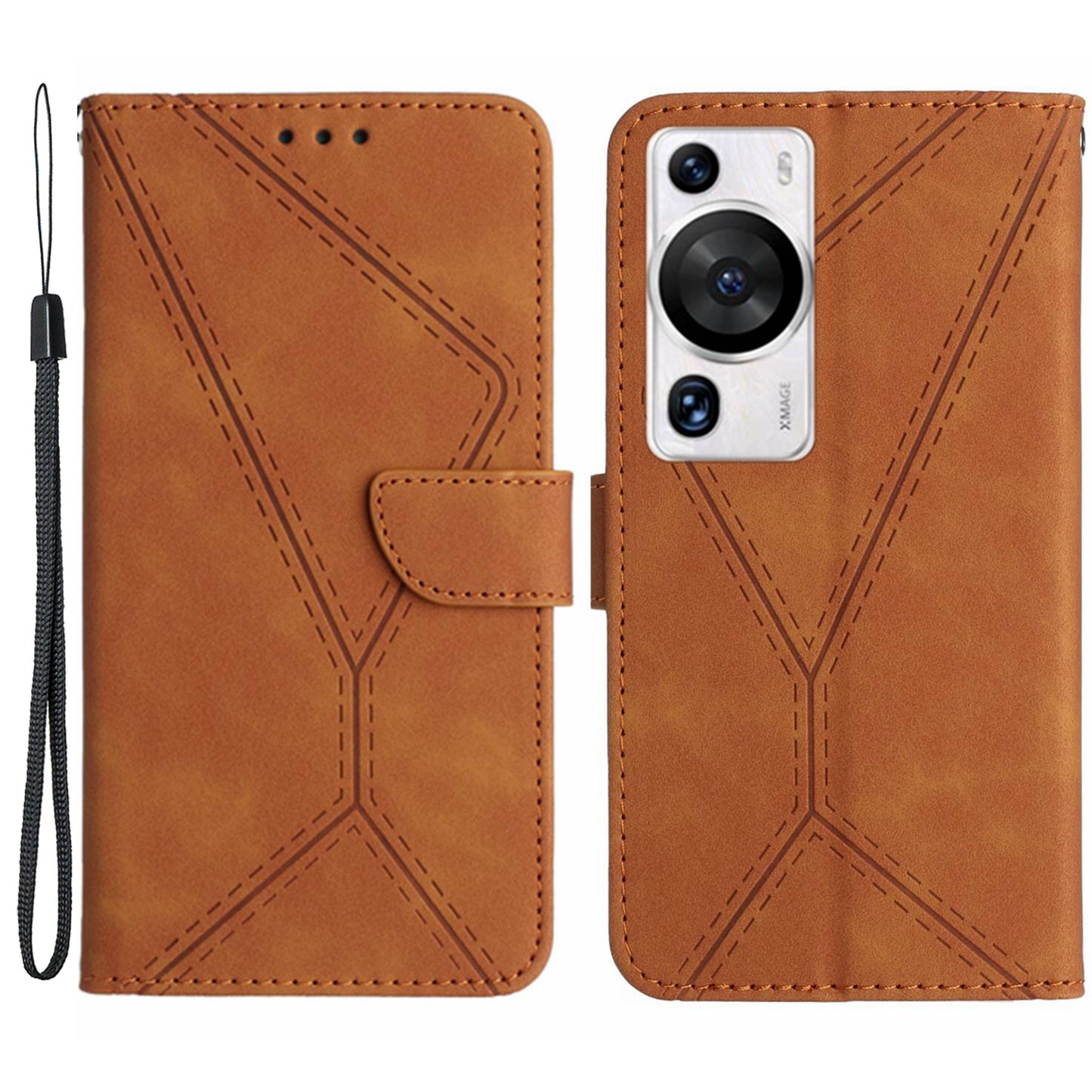 HT05 For Huawei P60 Pro / P60 Skin-Touch Feeling Phone Case PU Leather Stand Wallet Imprinted Line Phone Cover