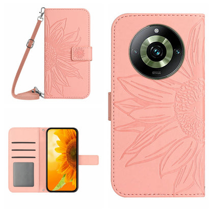 HT04 For Realme 11 Pro 5G / 11 Pro+ 5G Phone Case Sunflower Pattern Leather Wallet Stand Shell with Shoulder Strap