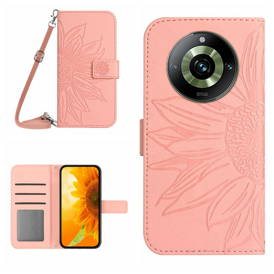 HT04 For Realme 11 Pro 5G / 11 Pro+ 5G Phone Case Sunflower Pattern Leather Wallet Stand Shell with Shoulder Strap