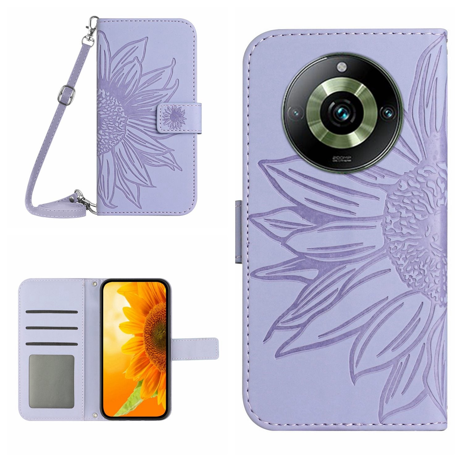 HT04 For Realme 11 Pro 5G / 11 Pro+ 5G Phone Case Sunflower Pattern Leather Wallet Stand Shell with Shoulder Strap
