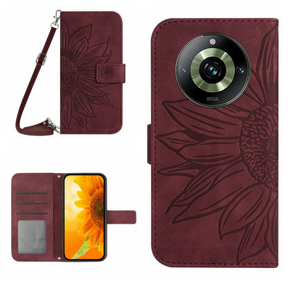HT04 For Realme 11 Pro 5G / 11 Pro+ 5G Phone Case Sunflower Pattern Leather Wallet Stand Shell with Shoulder Strap