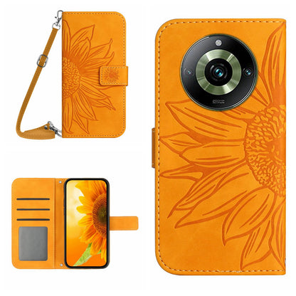 HT04 For Realme 11 Pro 5G / 11 Pro+ 5G Phone Case Sunflower Pattern Leather Wallet Stand Shell with Shoulder Strap