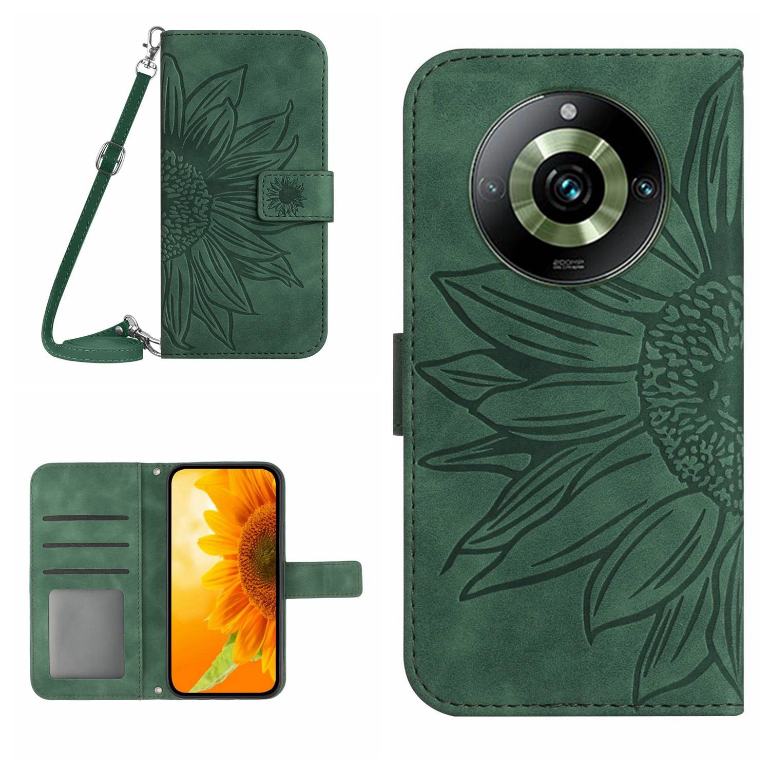 HT04 For Realme 11 Pro 5G / 11 Pro+ 5G Phone Case Sunflower Pattern Leather Wallet Stand Shell with Shoulder Strap