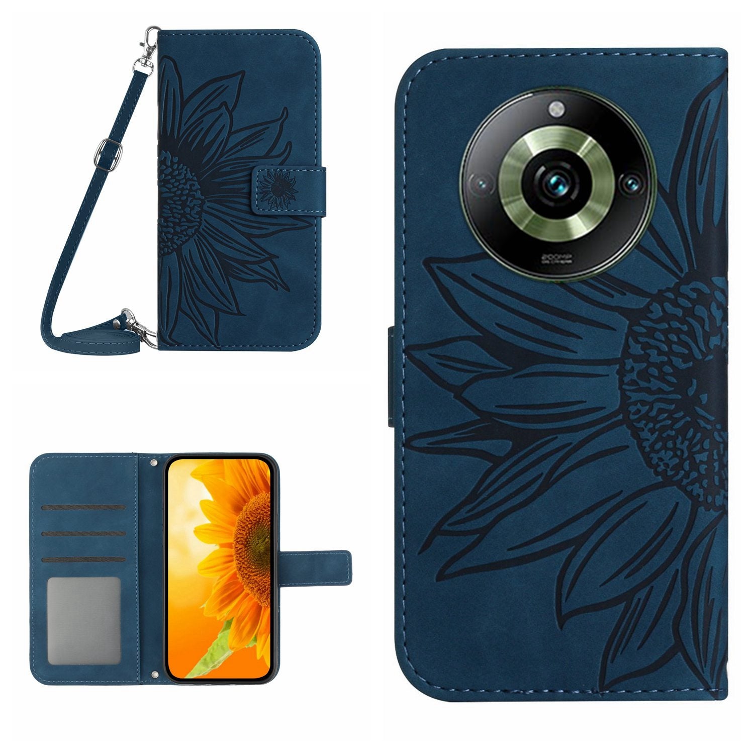 HT04 For Realme 11 Pro 5G / 11 Pro+ 5G Phone Case Sunflower Pattern Leather Wallet Stand Shell with Shoulder Strap