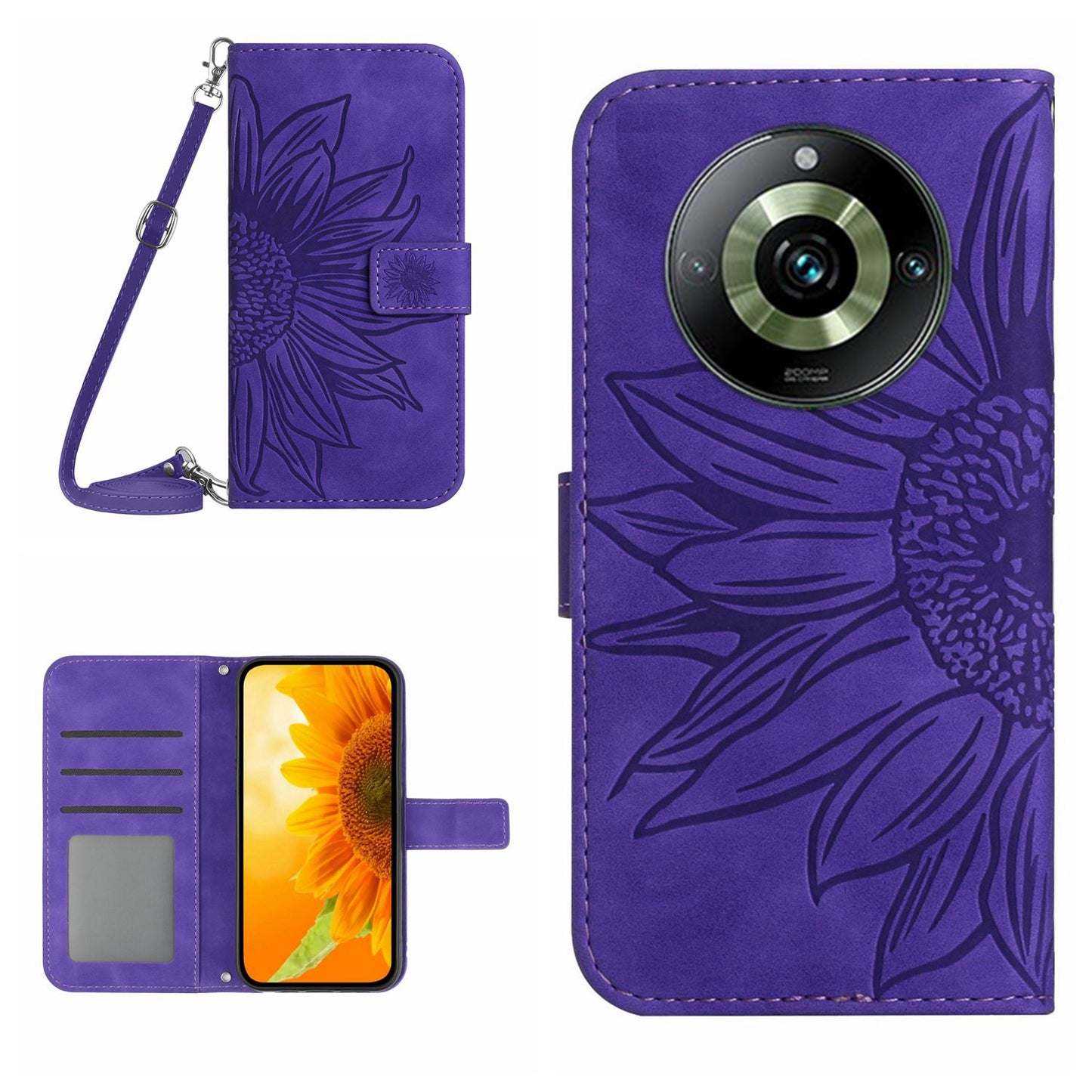 HT04 For Realme 11 Pro 5G / 11 Pro+ 5G Phone Case Sunflower Pattern Leather Wallet Stand Shell with Shoulder Strap