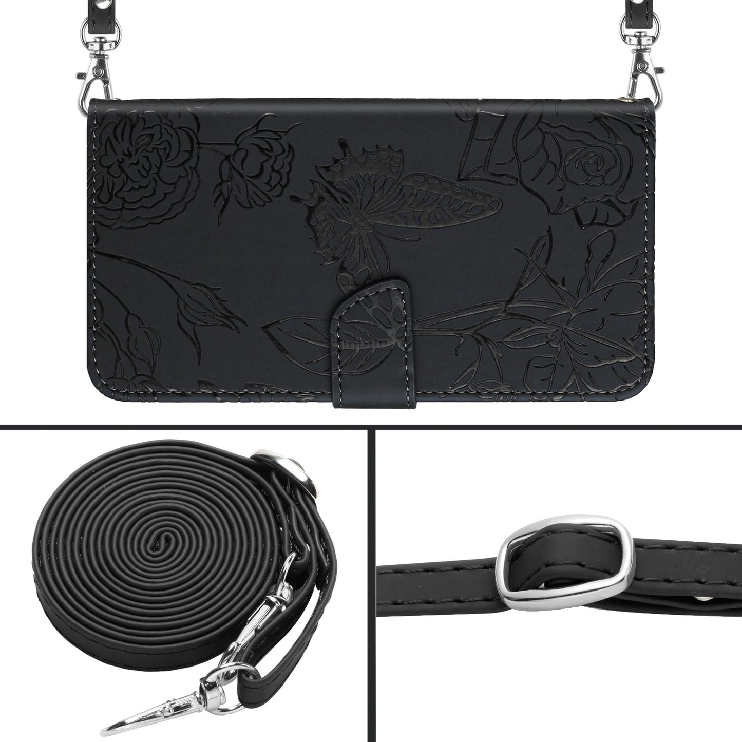 HT03 For Realme 11 Pro 5G / 11 Pro+ 5G Phone Cover PU Leather Wallet Imprinted Flip Stand Case with Shoulder Strap