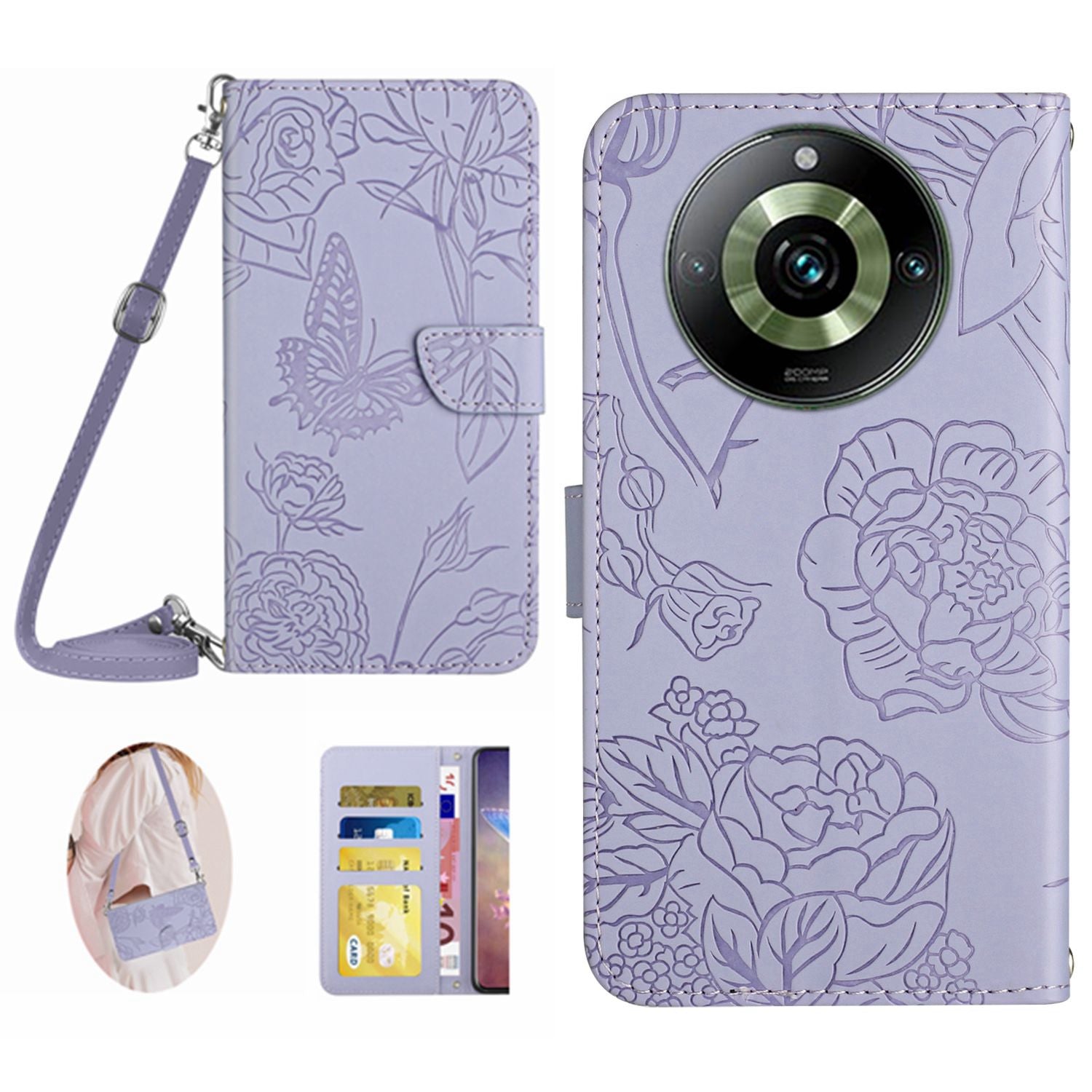 HT03 For Realme 11 Pro 5G / 11 Pro+ 5G Phone Cover PU Leather Wallet Imprinted Flip Stand Case with Shoulder Strap