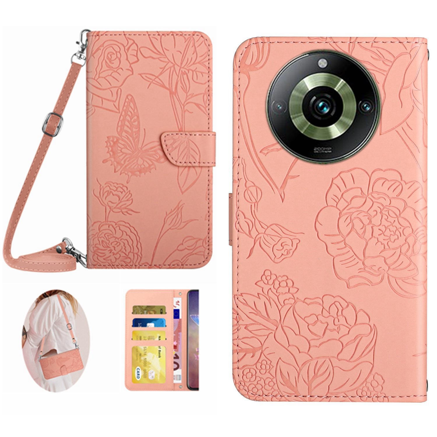 HT03 For Realme 11 Pro 5G / 11 Pro+ 5G Phone Cover PU Leather Wallet Imprinted Flip Stand Case with Shoulder Strap