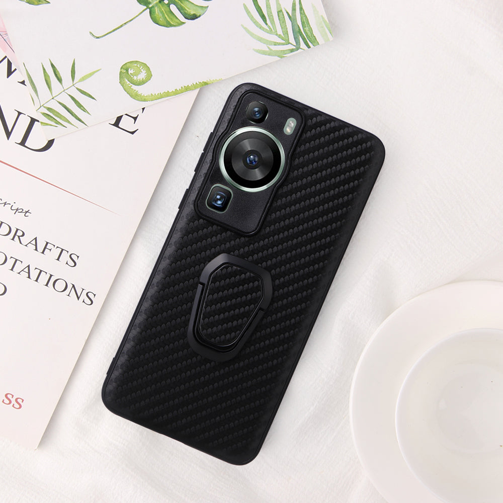 For Huawei P60 Pro Fall Proof Phone Case Textured PU Leather Coated TPU+PC Cover with Kickstand
